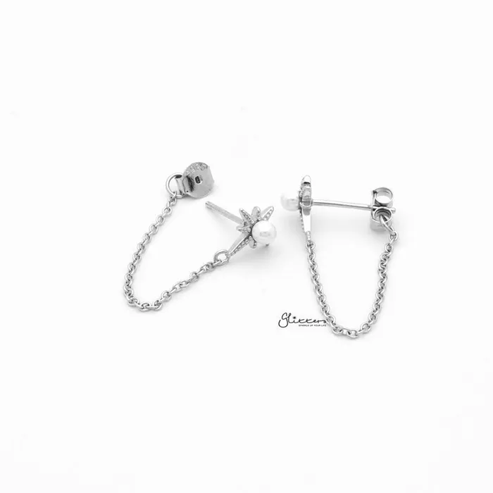 Sterling Silver Star and Pearl Chain Stud Earrings Silver Glitters Earrings