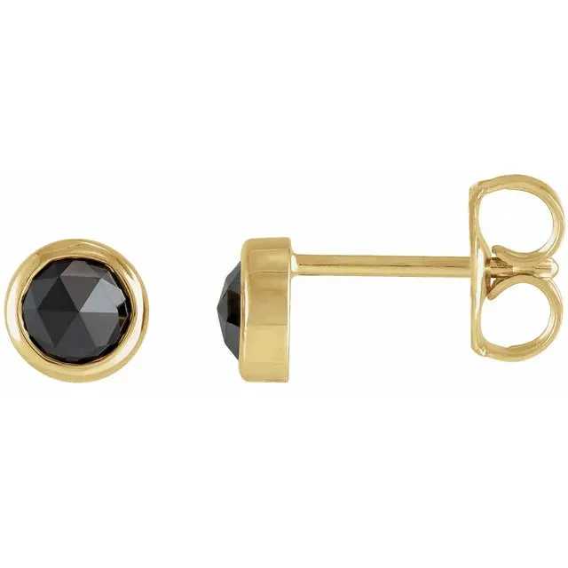 Storyteller by Vintage Magnality RoseCut BezelSet Natural Black Diamond 15 or 12 CTW Stud Earrings 14K Yellow Gold Earrings