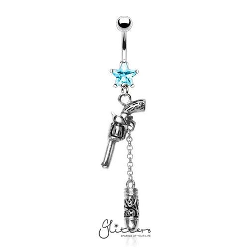 Surgical Steel Cubic Zirconia Star with Gun Bullet Dangle Belly RingAqua Glitters Rings Surgical Steel Cubic Zirconia Star with Gun Bullet Dangle Belly RingAqua Glitters Rings