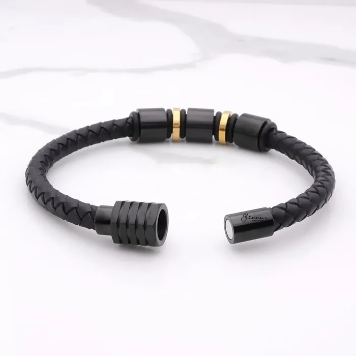 Two Tone Braided Leather One Line Bracelet Glitters Bracelets