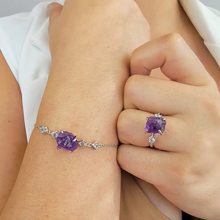 Uniquelan Jewelry Bracelets Raw Amethyst Bracelet Ring Set