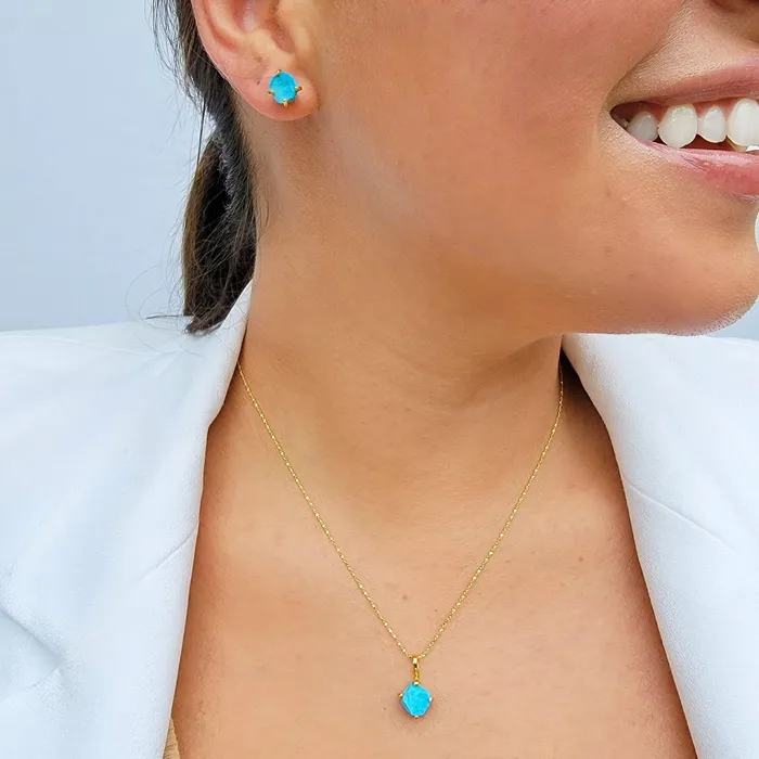 Uniquelan Jewelry Earrings Raw Turquoise Necklace and Stud Earrings Set