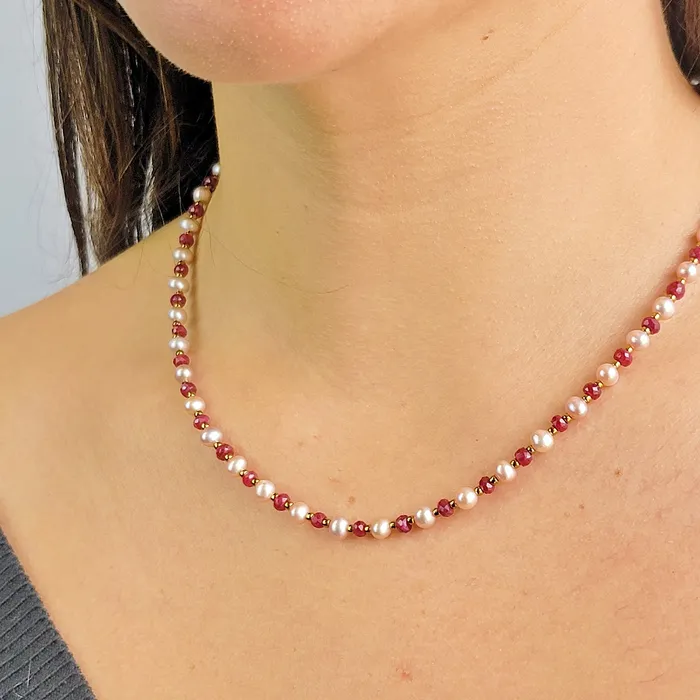 Uniquelan Jewelry Ruby and Pearl Strand Necklace Necklaces