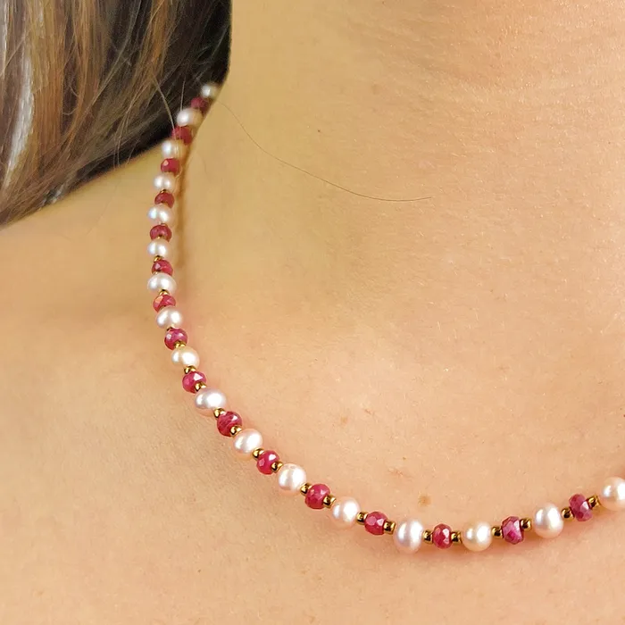 Uniquelan Jewelry Ruby and Pearl Strand Necklace Necklaces