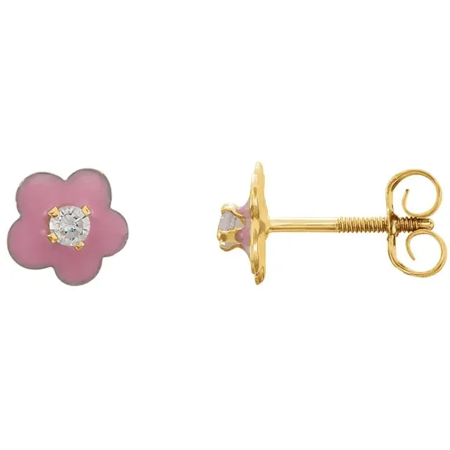 Youth Pink Enamel Flower 2 MM Round Cubic Zirconia Earrings 14K Yellow Gold Storyteller by Vintage Magnality Earrings Youth Pink Enamel Flower 2 MM Round Cubic Zirconia Earrings 14K Yellow Gold Storyteller by Vintage Magnality Earrings