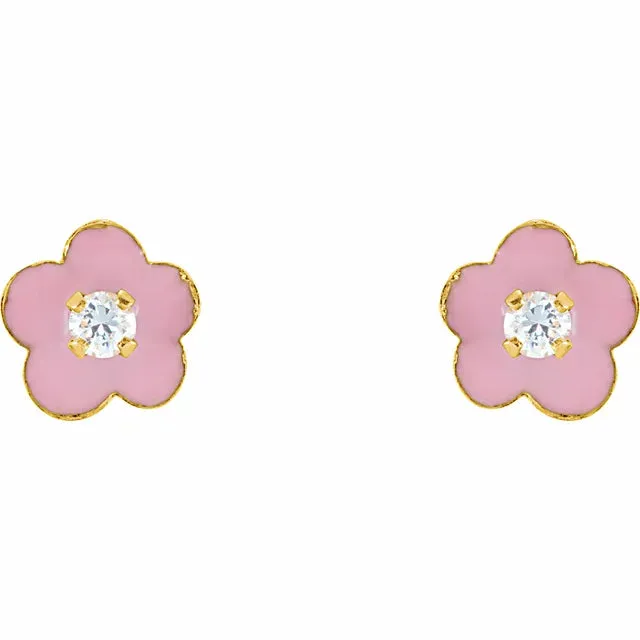 Youth Pink Enamel Flower 2 MM Round Cubic Zirconia Earrings 14K Yellow Gold Storyteller by Vintage Magnality Earrings