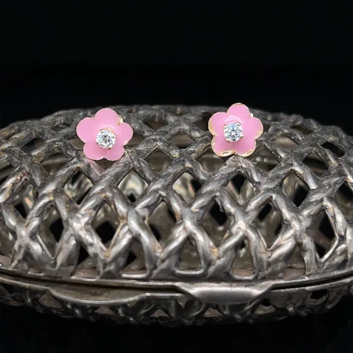 Youth Pink Enamel Flower 2 MM Round Cubic Zirconia Earrings 14K Yellow Gold Storyteller by Vintage Magnality Earrings