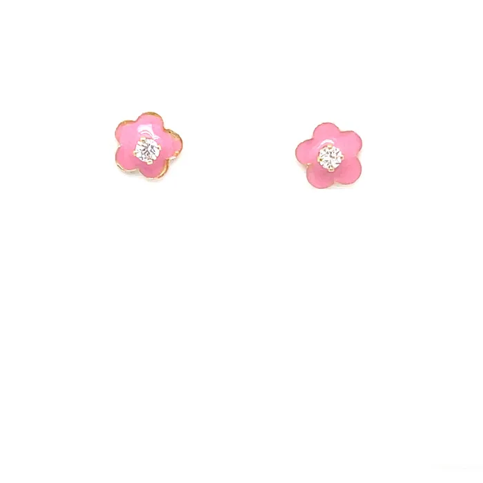 Youth Pink Enamel Flower 2 MM Round Cubic Zirconia Earrings 14K Yellow Gold Storyteller by Vintage Magnality Earrings